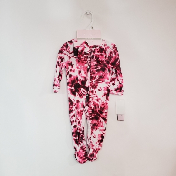 NWT Wee Play Pink & Black Tie-Dye‎ Footie & Bow-Accent Headband - 6-9 Months - Picture 3 of 7